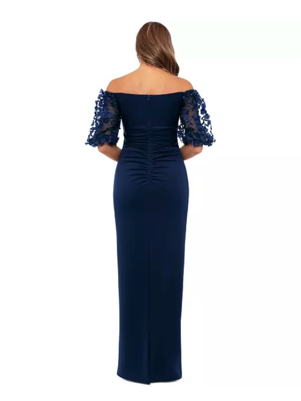 Xscape Navy One-Shoulder Evening Gown with 3D Floral Sleeves Formal - Picture 7 of 16